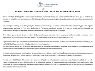 Catamarca: El colegio de abogados rechaza proyecto de legalizar sucesiones extrajudiciales